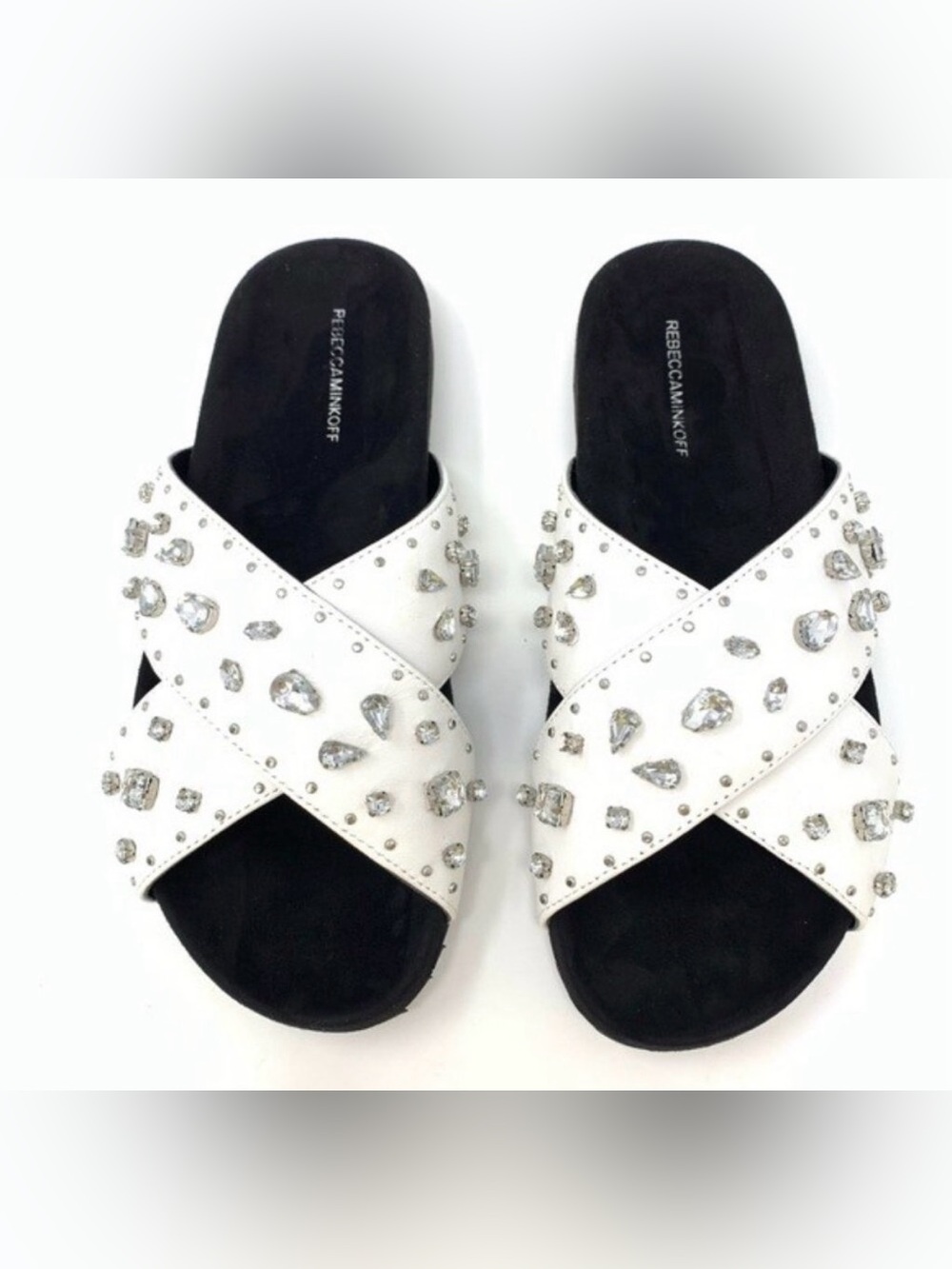 Rebecca Minkoff White Theo Jeweled Leather Slide Sandals